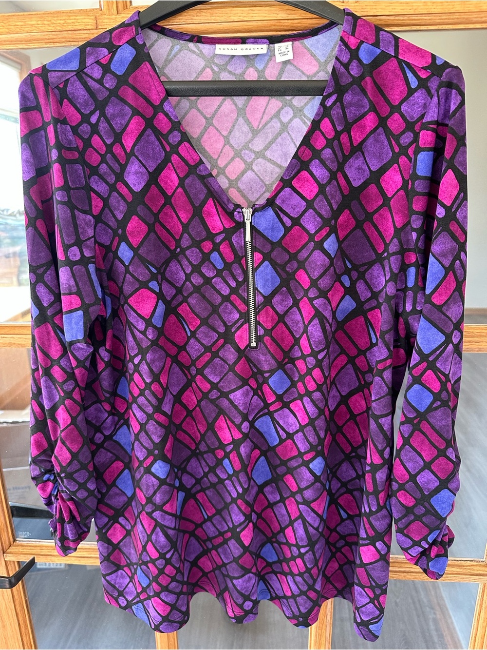 Susan Graver Purple and Pink Geo-Print Zip Front Tunic
